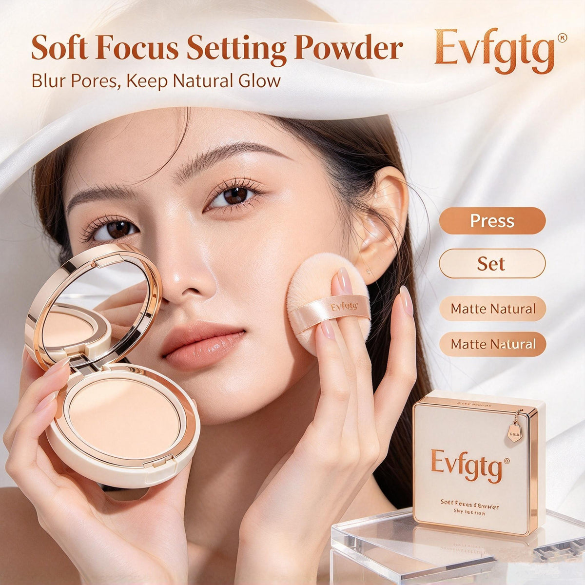 🧴Evfgtg Soft Veil Compact Setting Powder, Portable Face Pressed Powder with Mirror and Powder Puff, Natural Soft Makeup for All Skin Types