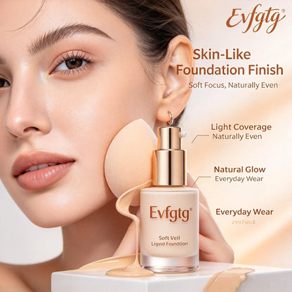 ✨Evfgtg Soft Veil Liquid Foundation, Natural Buildable Coverage Foundation, Skin‑Like Soft Focus Finish, Lightweight Long‑Wear Face Makeup for Women